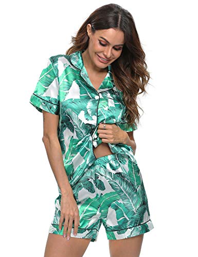 Image of SWOMOG Womens Pajamas Set Silk Satin Sleepwear Short Sleeve Nightwear Button Down Pj Loungewear