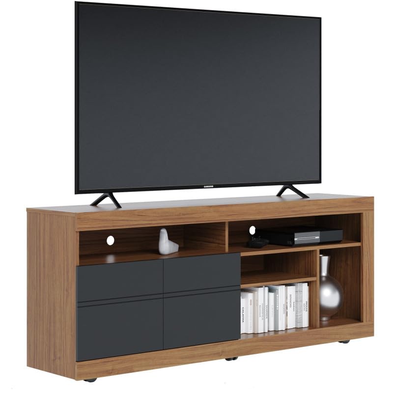 Meuble TV 65 Pouces Chêne et Anthracite 2 Portes 6 Niches roulettes L 160 H 68 P 37.4 cm