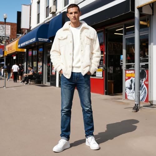 Image of GINGTTO Mens Furry Button-Up Jacket 4 Pockets Fluffy Coat For Men