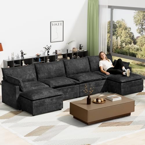 Image of LEVELEVE 147 inch U-Shape Modular Sofa with 2 Ottomans, Deep Seat Cloud Convertible Sleeper, 2 Arm Pillows, Comfortable Large Upholstered Furniture for Living Room Apartment, Black