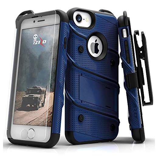 ZIZO Bolt Series for iPhone SE (3rd and 2nd gen)/8/7 Case with Screen Protector Kickstand Holster Lanyard - Blue & Black