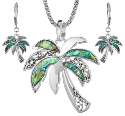 JNX Green Abalone Palm Tree with Filigree Pattern in a Silver-tone Popcorn Chain & Earrings