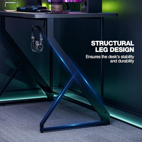 Image of Grandder Gaming Desk Z Shaped 40 Inch Gamer Workstation, Home Computer Carbon Fiber Surface Gaming Desk PC Table with Headphone Hook, Carbon Fiber Black