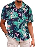 Mens Hawaiian Shirt Short Sleeve Summer Beach Casual Tops Button Down T Shirts with Pocket(Green Flamingo,XL)