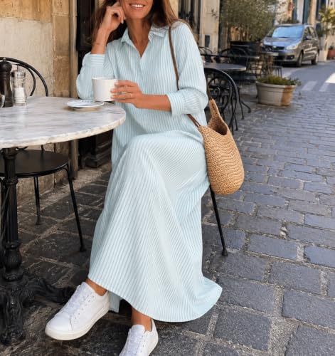 Image of Ladyful Women's Cotton Linen Maxi Dress Summer Long Sleeve Shirt Dress