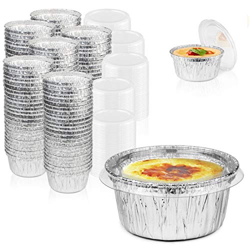 Einweg-Folien-Auflaufförmchen mit Deckel, 118 ml, Aluminium-Custardbecher mit Deckel, Einweg-Folien-Backförmchen für Creme Brulee oder Cupcake, 200 Stück Cover