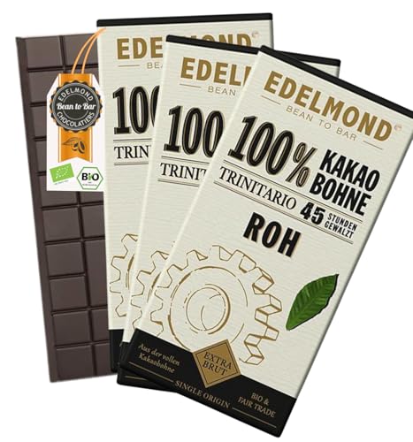 Edelmond Bio Rohe 100% Intensiv Kakaobohnen Schokolade Vorratspack. Pur abgeschmeckter Kakao. Sehr bitter - keine normale Schokolade. Low Cadmium Cacao (3 Tafeln 216 g)