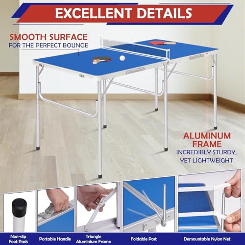 VBVARV Tragbarer Pingpong-Tisch Kompaktes, Zusammenklappbares Tischtennis-Tischset Mit Netz, 2 Schlägern Und 2 Bällen Für Drinnen Und Draußen Kleine Räume Und Wohnungen Verdickter Aluminiumrahmen – Bild 3