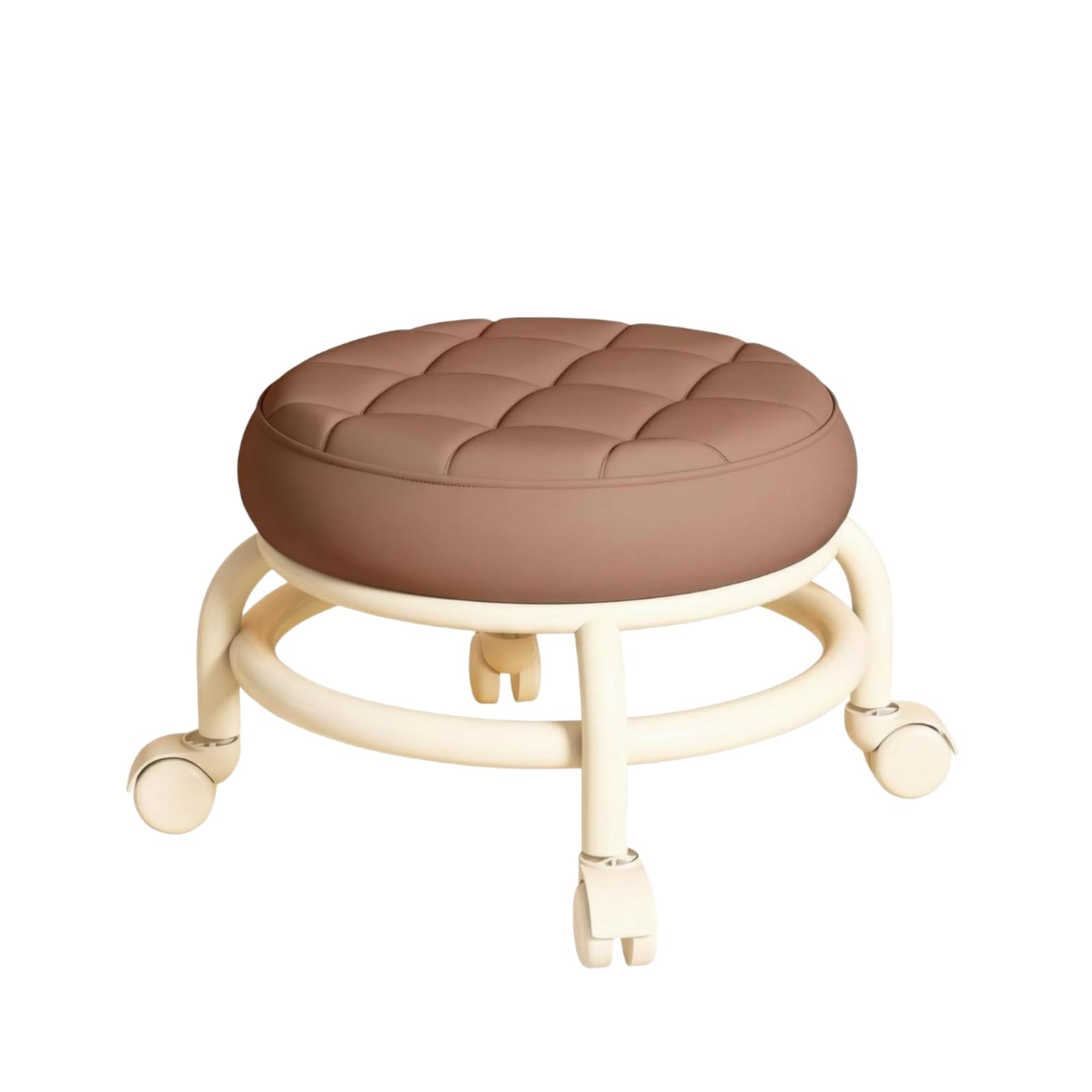 Breathable Leather Swivel Caster Stool Rebound Foam Quilted Stool Low-Slung Home Seating Metal Frame for Beside Sofa, Child-Friendly Room, Brown | Ottomans Footstools & Poufs | Furniture-image-11