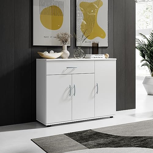 Stella Trading Sideboard in Weiß - Moderne Kommode mit Schublade und viel Stauraum für Wohnzimmer, Esszimmer und Flur - 90 x 70 x 30 cm (B/H/T)