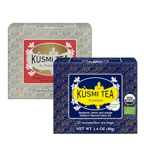 Kusmi Tea - Anastasia + St. Petersburg - Té Negro Orgánico con Bergamota + Té Negro Orgánico con Bayas Rojas, Caramelo, Vainilla y Bergamota - Juego de 2 Cajas - 2x20 Bolsitas