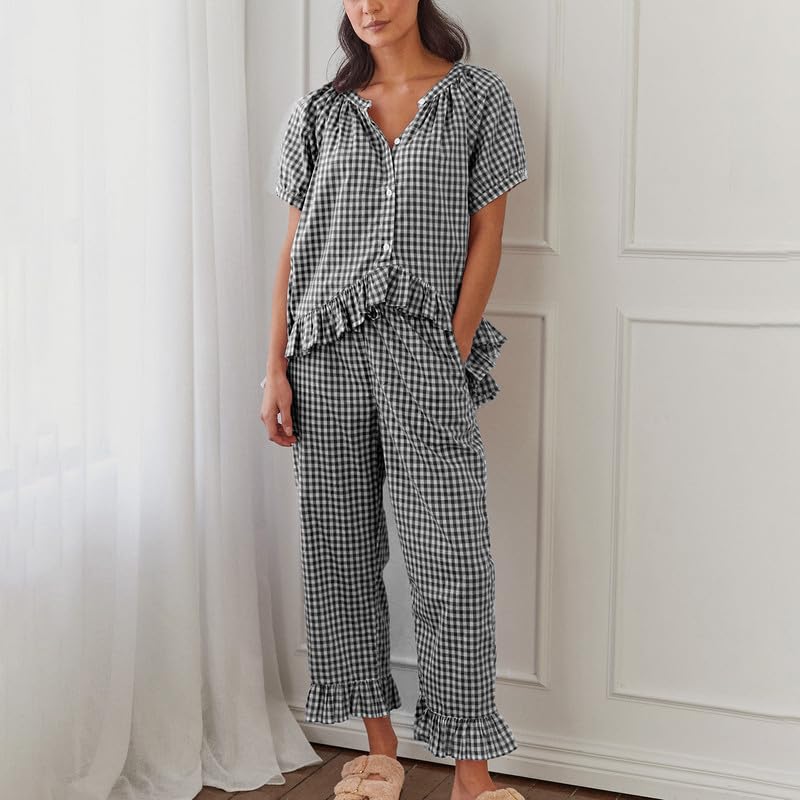 Image of Argeousgor Women Plaid 2 Piece Pajama Set Button Down Puff Sleeve Babydoll Shirt Gingham Pants Pj Lounge Set Sleepwear