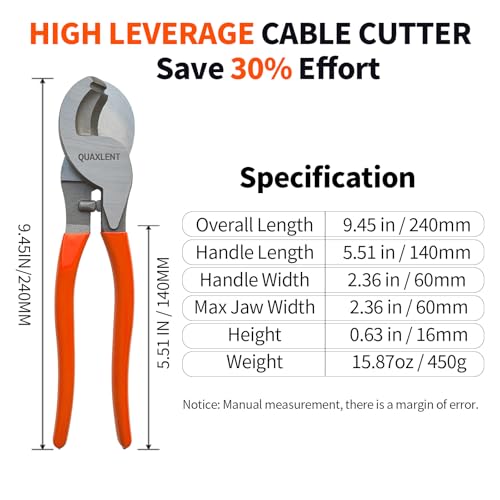 Image of 10 Inch Large Cable Cutter Heavy Duty High Leverage Big Wire Cutting Plier Tool for 4 /0 Aluminum 2 /0 Soft Copper and 100PR 24AWG Comm Cable, Orange