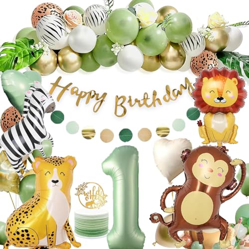 Conjunto de decoração para festa de 1º aniversário - tema de safari com animais selvagens, inclui guirlanda, letreiro de feliz aniversário, balões com estampado de leopardo, flores e ornamentos