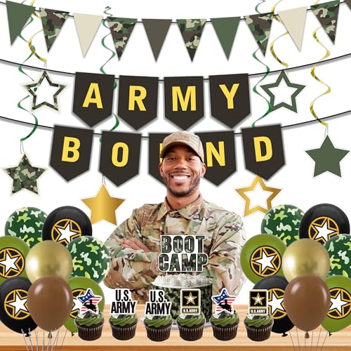 Image of Holkcog Army Party Decorations, Green Military Themed Birthday Banner, Farewell Party Welcome Ceremony, Army Bound Themed Cupcake Decorations, Boot Camp Cake Topper Ballons Supply
