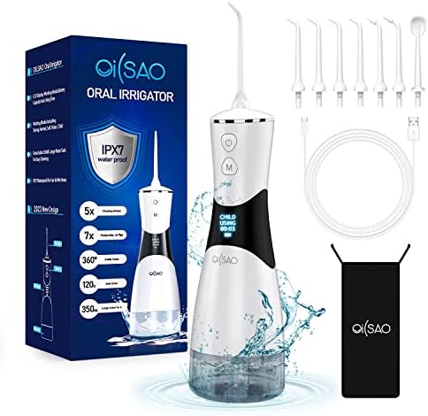 Cordless Water Flosser Oral Irrigator, OILSAO 5 Modes LCD Display Portable Rechargeable 350 ML Detachable Water Tank Dental Teeth Cleaner Picks with 7 Replaceable Jet Tips for Home Travel Use
