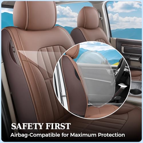 Image of Truckiipa Dodge Ram 2 Front Seat Covers Custom Fit for 2002-2025 2026 1500 2500 3500 Pickup Crew Double Quad Cab Laramie Big Horn Full Coverage Waterproof Leather Truck Seat Protectors, Brown