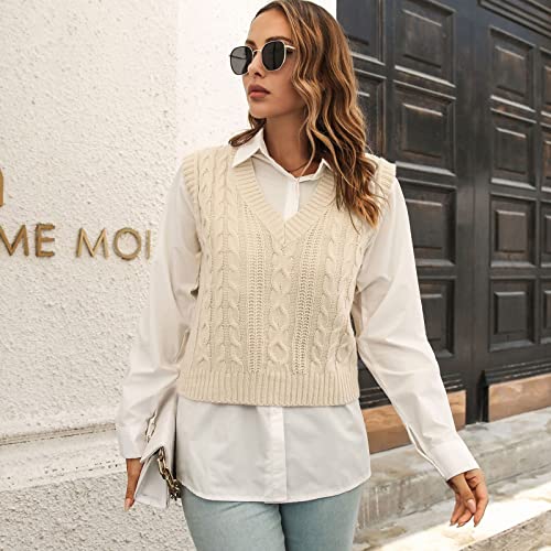 Image of jinghuiyue Women's Stripe Sweater Vest Classic V Neck Cable Knit Vest Sleeveless Pullover Ribbed Tank Tops