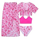 Girls Swimsuit 4 Piece Tropical Bathing Suits Taniki Bikini Swimwear Sets with Cover Up Skirt for 9-16Y Pink