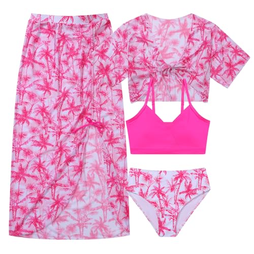 Girls Swimsuit 4 Piece Tropical Bathing Suits Taniki Bikini Swimwear Sets with Cover Up Skirt for 9-16Y