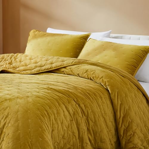 Image of Lush Decor - Quilt Set, 3-Piece Cozy Velvet Bedding with Matching Shams, Embroidered Stitch Design (Haven Mineral Yellow, Full /Queen)