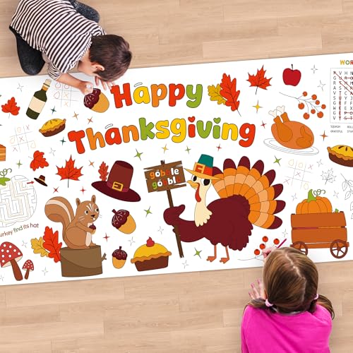 Image of Childom 1 Pack Thanksgiving Coloring Tablecloth for Kids,Thanksgiving Crafts for Kids,30 x 72 Inch Disposable Paper Table Cover,Giant Coloring Poster for Children Gifts Games Activities Holiday Party
