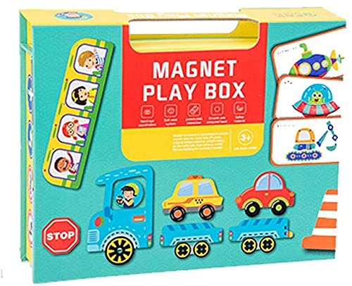 Alyasameen 62pcs Wooden Magnetic Jigsaw Puzzle Box Book STEM Early Education Cognitive Skills Toy For Children 1-3 Years Old (Vehicles)