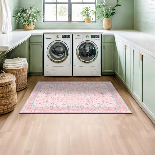 Image of Washable 3x5 Pink Rugs for Girls Bedroom Beside Bed, Nursery Rug, Soft Faux Wool Low Pile Non Slip Stain Resistance Carpet, Pink & Blue