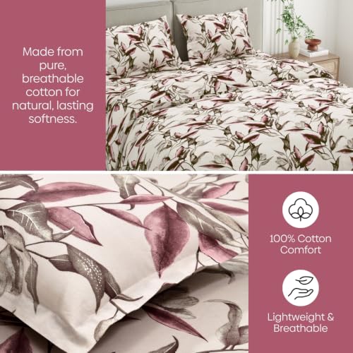 Image of Haus & Kinder Double Bed Bedsheet for Queen Size Bed with 2 Pillow Covers 90 Inch x 100 Inch | Premium Soft & Silky Pure Cotton 144 TC Flat Double Bedsheet | Florence Leaf Peach
