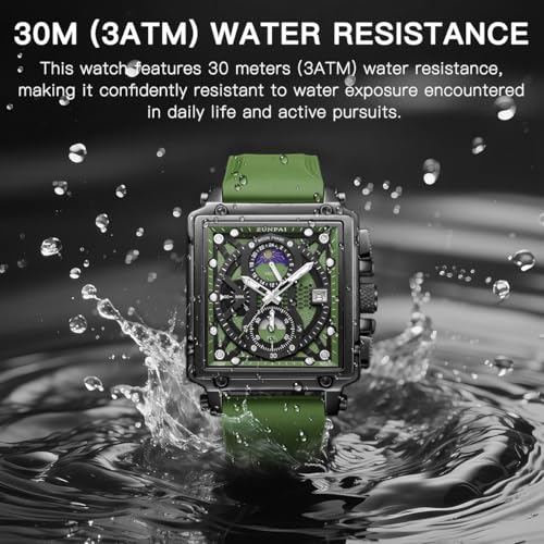 Image of ZUNPAI Moon Phase Watch for Men Multifunction Chronograph Dial Analog Quartz Square Wristwatch Business Dress Watch with Luminous Waterproof Calendar Silicone Strap