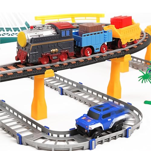 electric train set for kids ages 4-8 with train tracks set amp car tracks lights up bridge road sign realistic sound train track accessories playset boy toys birthday 4 5 6 7 8 year old