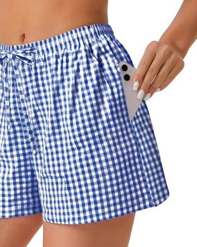Image of Women Boxer Shorts Gingham Drawstring Pajama Bottom Plaid Pants with Pocket