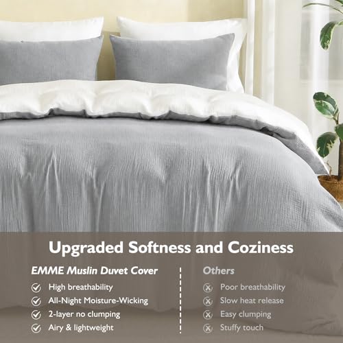 Image of EMME Cotton Muslin Duvet Cover Set Twin Size Linen Like Soft Breathable Lightweight Summer Comforter Cover Set with Zipper Closure (Light Grey&White, Twin, 68 inchx90 inch)