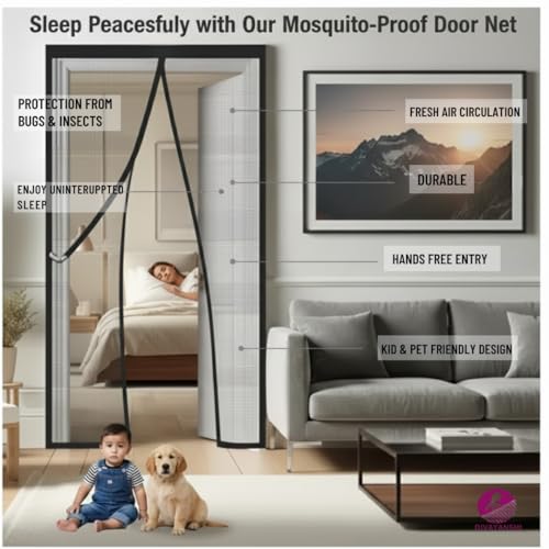 Image of DIVAYANSHI Fiberglass Magnetic Door Mosquito Net Brown 210x100 cm | 18 Magnet Pairs | Pre-Stitched | Velcro Tape Included | with Automatic Closure