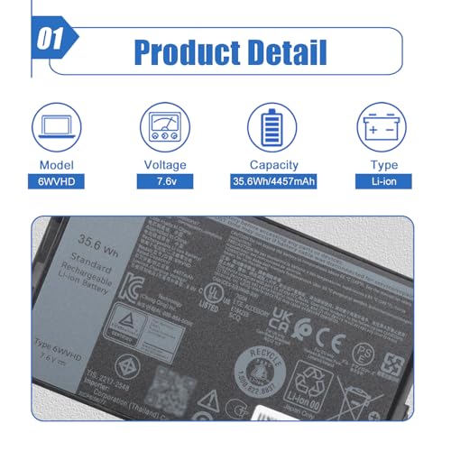 Image of 35.6Wh 6WVHD Laptop Battery Replacement for Dell Latitude 7230 Rugged Extreme Tablet T06H T06H001 Series Notebook FNW8F VDDJY 0VDDJY JM6CX 0JM6CX 451-BDDY 7.6V 4457mAh