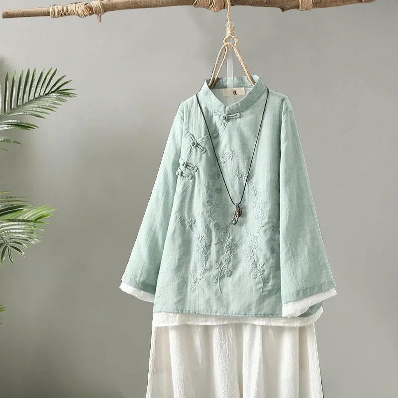 Chemise rétro brodée coton chanvre femme vêtement ample zen