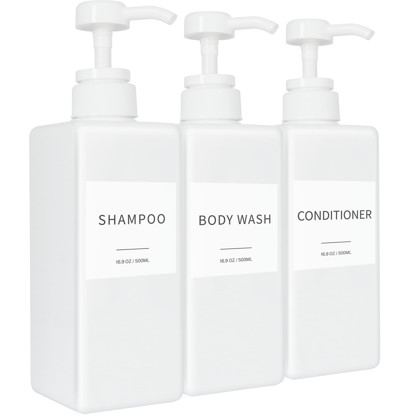 Shampoo and Conditioner Dispenser, Refillable Plastic Shampoo Pump Bottles with Waterproof Labels, Empty Body Wash Dispenser Set for Bathroom, Shower Soap Bottles (White, Set of 3, 16.9oz)