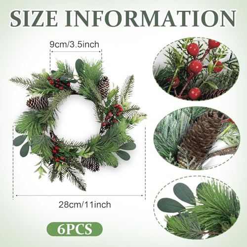 Image of 6 PCS Christmas Candle Rings Wreaths Small Christmas Norfolk Pine Wreaths with Berries Pinecone Mini Snowy Pine Wreath Cedar Candle Ring Holder for Table Centerpiece Cabinets Fireplace Windows Door