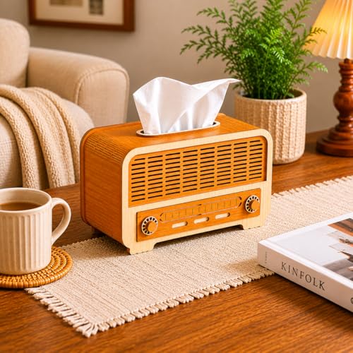 Image of Retro Wooden Tissue Box with Storage Drawer | Vintage Tissue Paper Holder for Home, Office & Car | Multipurpose Decorative Organizer Box