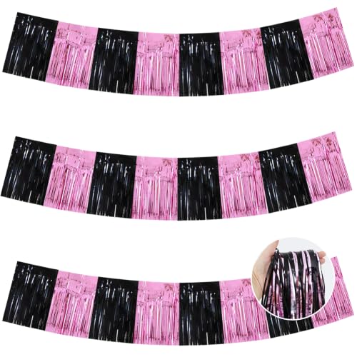 Image of BEISHIDA 3 Pack Black Pink Foil Fringe Garland 30ft Wall Tinsel Banner