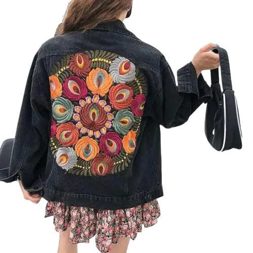 Veste en denim brodé multi-floral au design vintage de cow-boy à manches longues