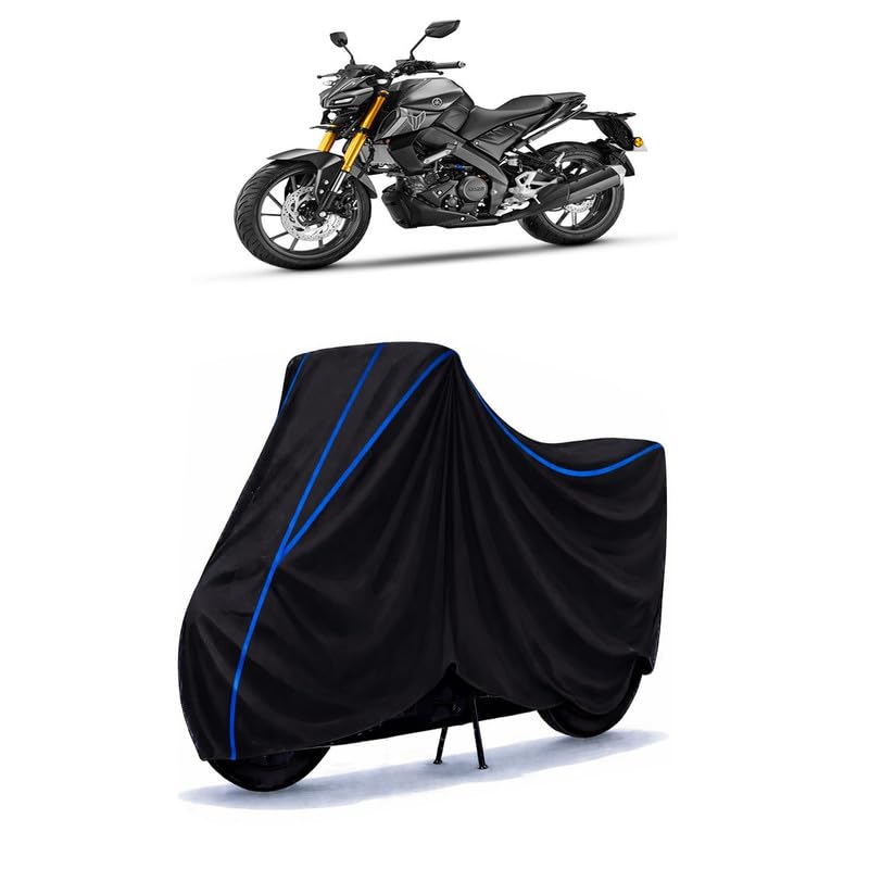 Image of xabre Specs Bike Cover Water Resistant Universal Motorcycle Rain | Heavy Duty UV Protection, Dust, Scratch Indoor Outdoor All Weather with Black Blue Piping Elastic
