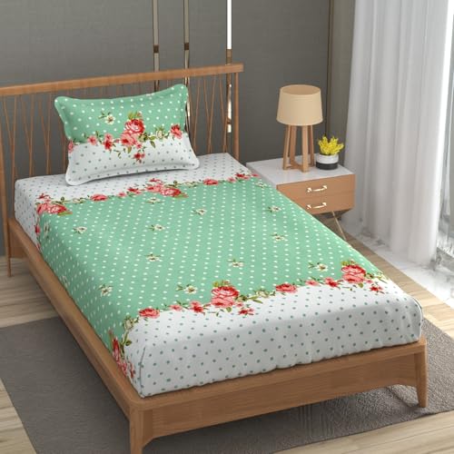 Image of Premium Heavy Cotton Elastic Fitted Bedsheets with 1 King Size Pillow Covers | Single Bed with All Around Elastic 350 TC | 36 x 78 x 6 Inch Single Size Fitted | - Green Dot