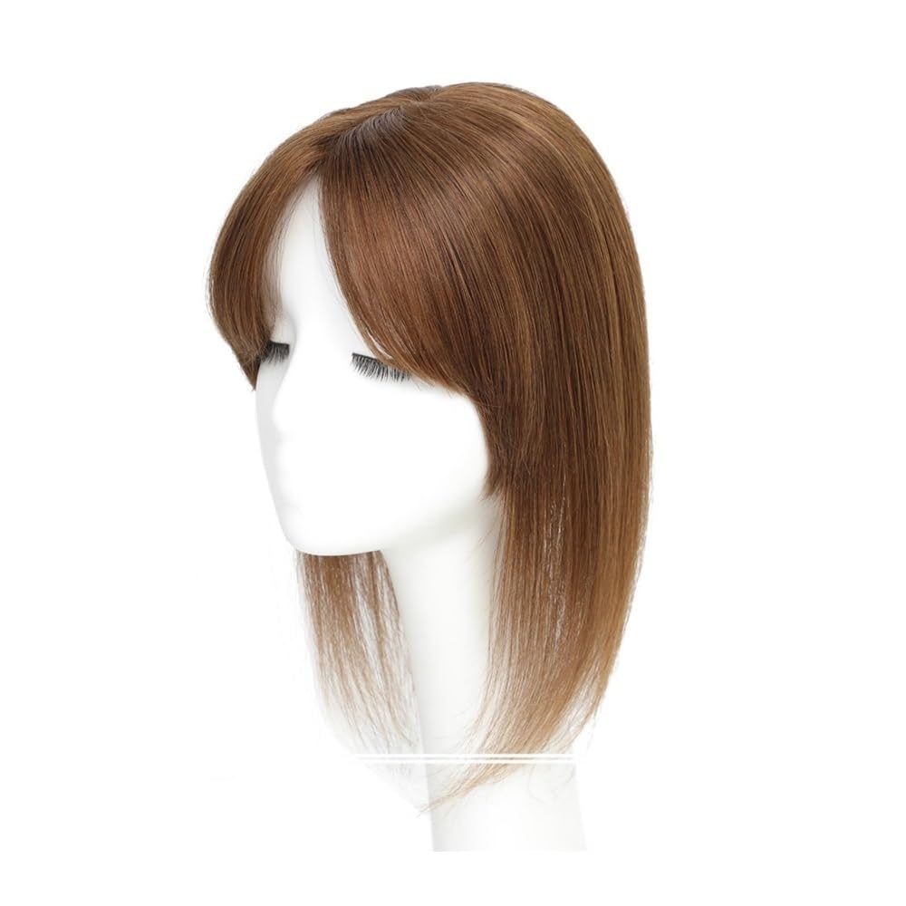 Topper para mujer, pelo natural, tamaño 12 x 13 cm, topper con flequillo, clip con base de seda, postizo con flequillo añade volumen al cabello (25 cm, marrón claro)