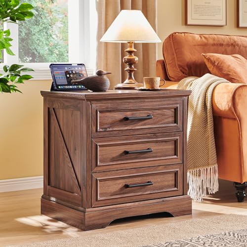 Image of ACCOHOHO Farmhouse Nightstand with Charging Station, 22 Inch Wide End Table with 3 Large Drawers & Bar Handles, Rustic Wood Small Dresser Chest of Drawers for Bedroom, Living Room, Closet, Brown