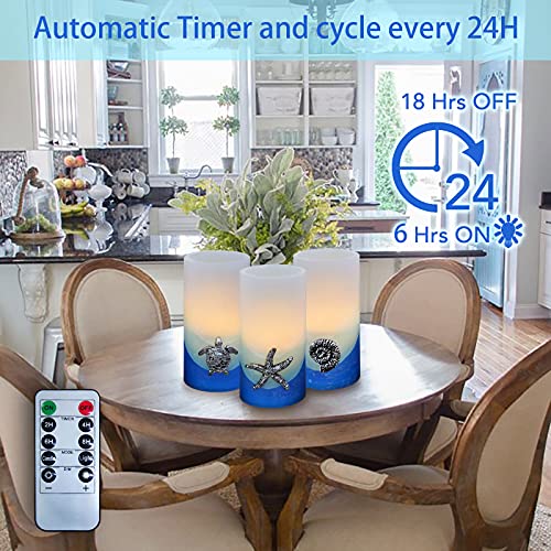 Image of Blue Flameless Candles, Nautical Themed Starfish, Conch, Seahorse Flickering Flameless Candles with Timer, Remote Set of 3 Pillar Led Candles for Wedding,Bedroom,Party,Gift