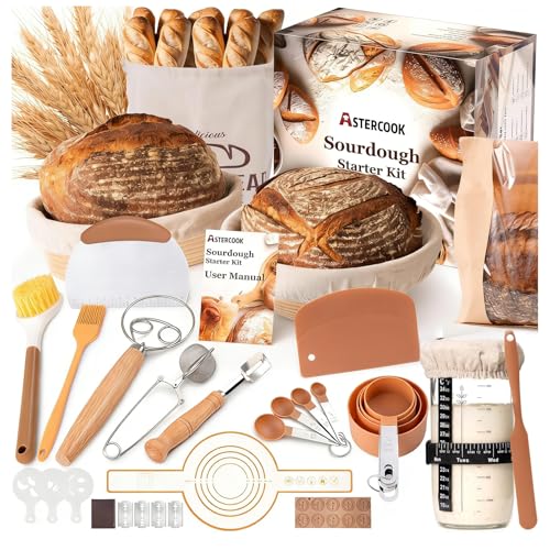 Sourdough Starter Kit with Round & Oval Banneton Bread Proofing Basket Bread Sling Starter Jar Dough Whisk Scrapers Stencils Cooling Rack & Bag Complete Sourdough Bread Baking Supplies