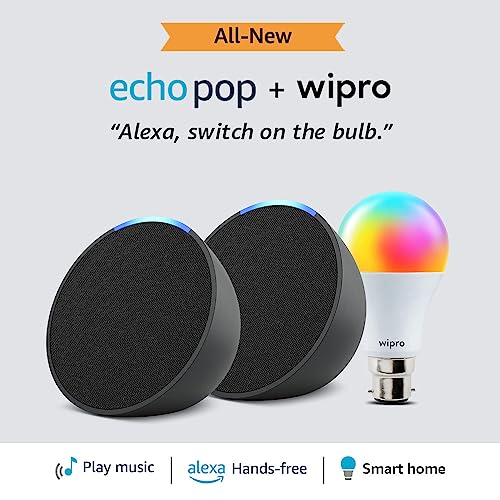Image of Echo Pop (Black) gift twin pack with Wipro 9W LED Smart Color Bulb