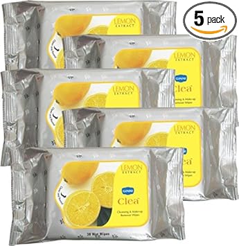 GINNI CLEA Cleansing Makeup Remover Wipes (pack of 5) (30 wipes per pack) (LEMON)