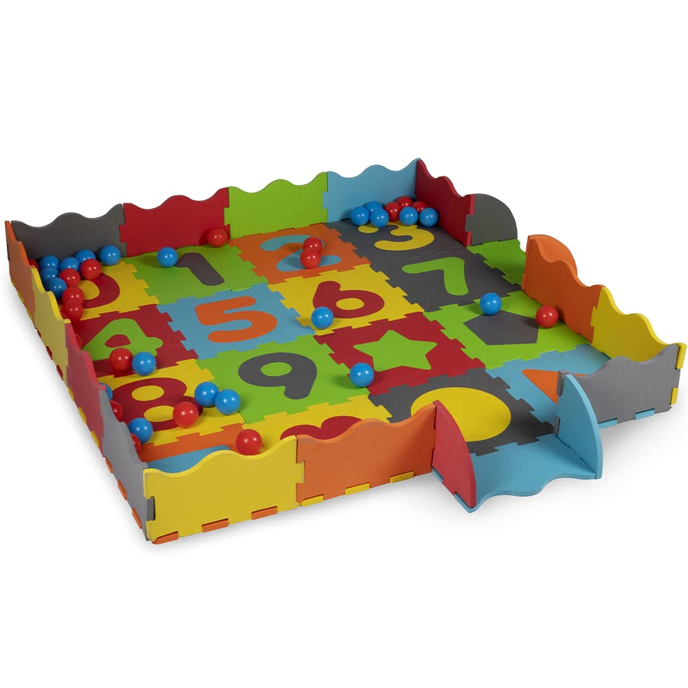 BAKAJI Tappeto Puzzle per Bambini 3 in 1, Tappetino in Gommapiuma per Neonati con 40 Palline da 6 cm e Custodia Salvaspazio, Dimensioni 146 x 146 cm, Morbido, Anticaduta, Antiscivolo, Gioco Educativo